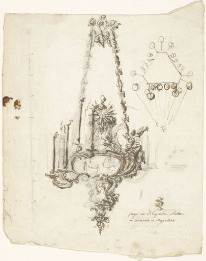 Design for a church lamp with a cross-section of the top view in the upper right