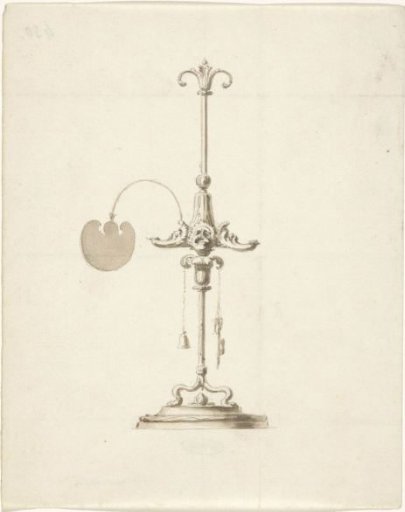 Design for an oil lamp with burners in the form of antique masks