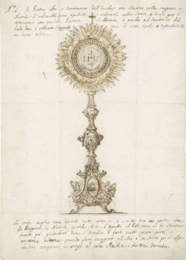 Design for a sunburst monstrance with the monogram IHS