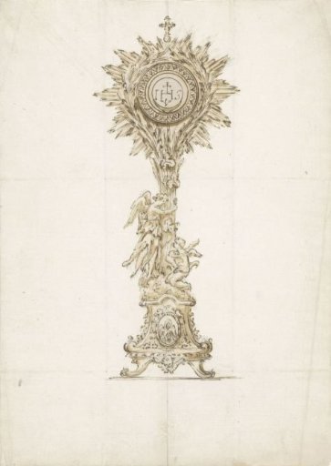 Design for a sunburst monstrance with the monogram IHS