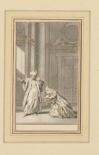 Standing man with a woman kneeling before him, possibly Palmira and Seid