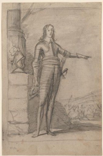 Standing man in armor with a battlefield in the background
