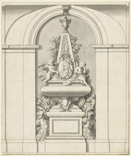 Tomb monument with putti, medallion, and coats of arms