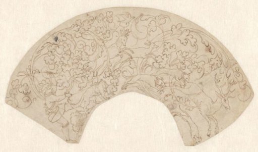 Design for a portion of the rim of a dish, with a hunter with a dog and running animals amidst foliage