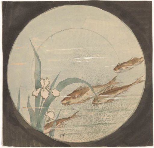 Design for a plate with four brown fish swimming downwards near a white iris