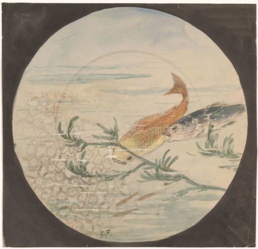 Design for a plate with a yellow and a blue fish swimming downwards