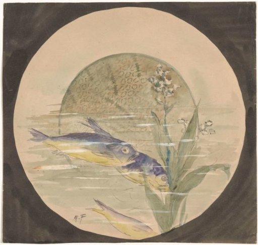 Design for a plate with three blue-yellow fish swimming downwards near an aquatic plant