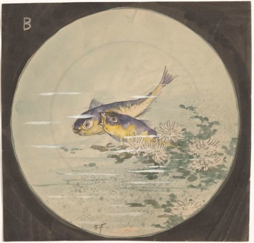 Design for a plate with two blue-yellow fish near water lilies