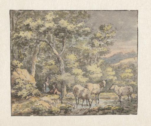 A peasant couple with three sheep by a stream