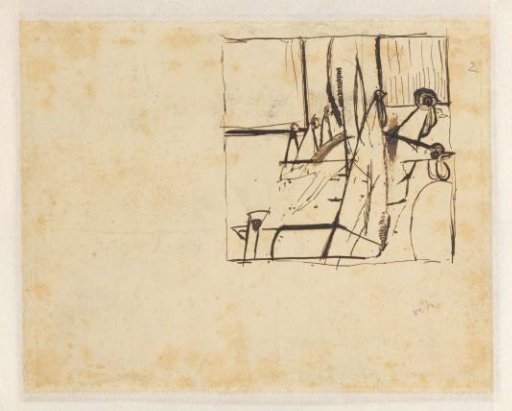 Landscape with standing figures and rooster heads