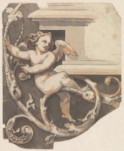 Putto seated on a vine scroll for the corner of a profiled cornice