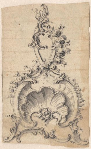 Rococo crest with a shell, volutes and flowers