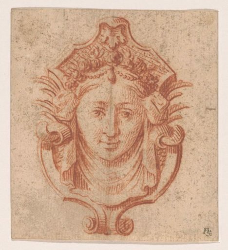 Shield with scrollwork and a female head above a drapery