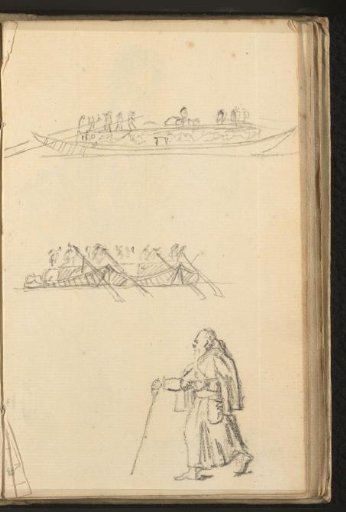 Boats with punting figures and a man with a walking stick