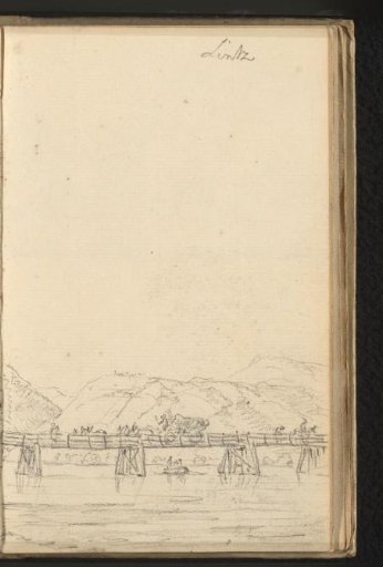 View of a wooden bridge over the Danube in Linz