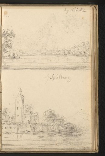 View of a house near Linz and Spielberg Castle on the Danube