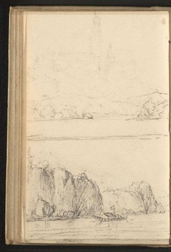 View of Wallsee Castle and rocky banks of the Danube at a rapid