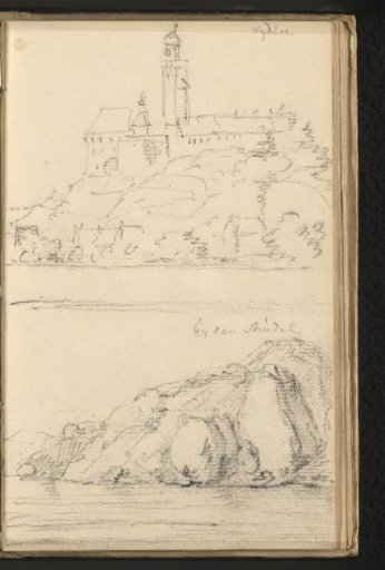 View of Wallsee Castle and rocky banks of the Danube at a rapid