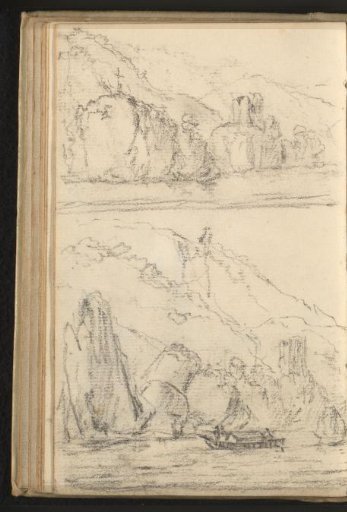 Two views of rocky banks of the Danube at a rapid