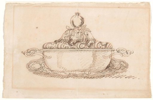 Round covered dish on a contoured saucer (écuelle) with a lid crowned by a pomegranate