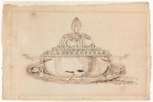 Round covered dish on a contoured saucer (écuelle) with a lid crowned by a pinecone
