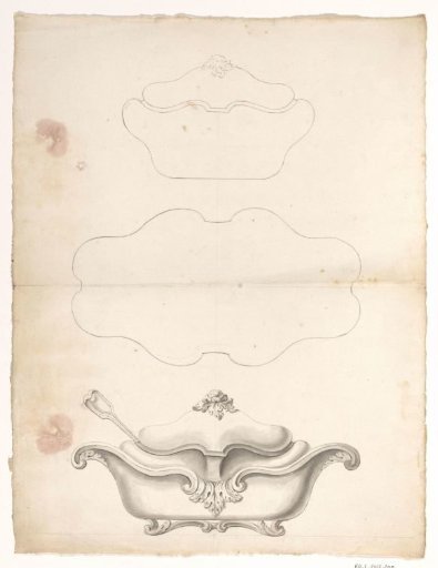 Oval, contoured pot (for jelly?) with a spoon in a boat-shaped holder (for ice?), with the contour of the holder in top view above and a front view of the pot above that