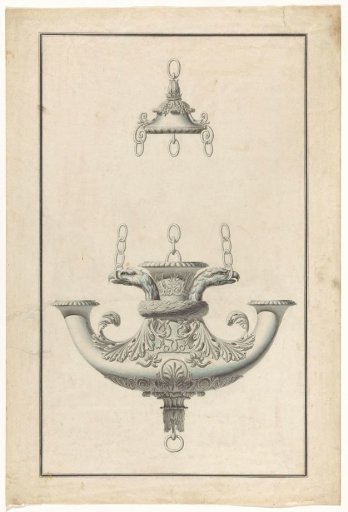 A hanging, patinated bronze lamp for three candles, decorated with eagle heads