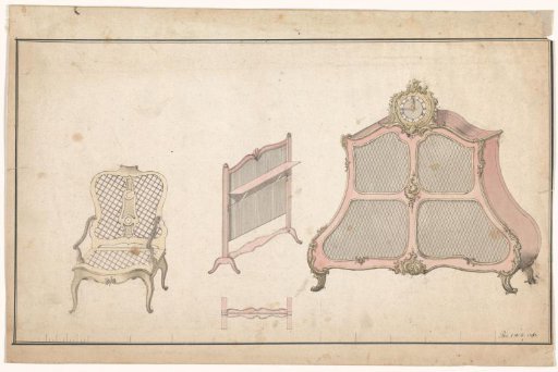 Armchair, fire screen and cartonnier