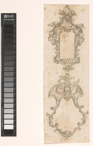 Two mirror frames placed one above the other with winged female busts and masks