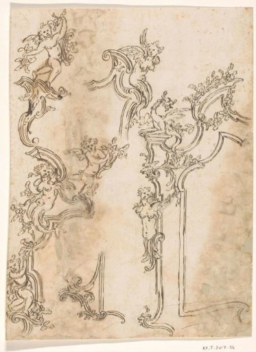 The left half of a mirror frame with a winged female figure and a dragon, with details of mirror frames with winged figures to the left