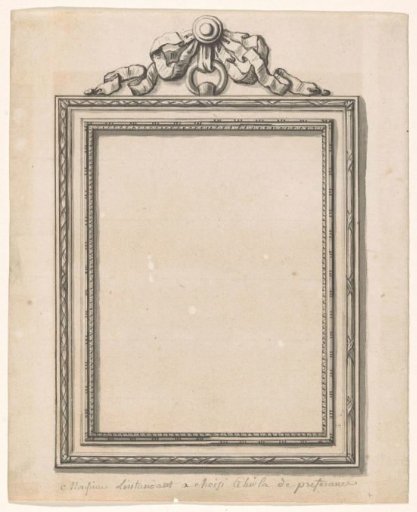 A rectangular frame seemingly hanging by an eye on a ribbon, with alternative solutions for the detailing of the profiles on the left and right