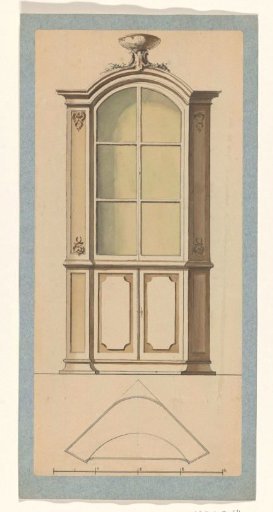 Design drawing of a corner cabinet with an upper cabinet with glass doors