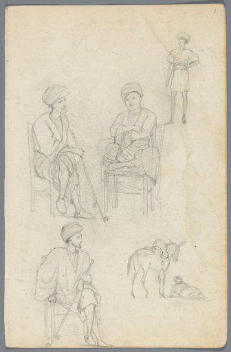 Five male figures in Eastern clothing and a donkey