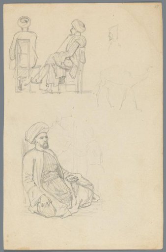 Two men sitting on chairs in Eastern clothing and a seated Eastern beggar on the ground