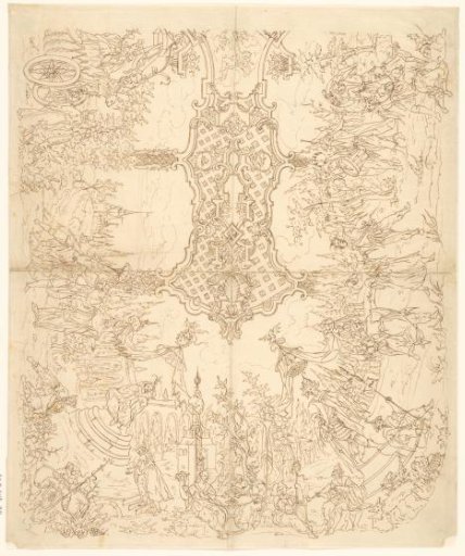Design for half of a ceiling with exotic, presumably Chinese scenes, with a central motif of strapwork