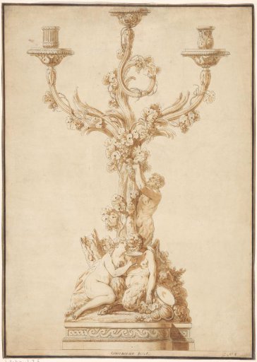 Gilded bronze candelabrum with two satyrs and a nymph, with variants in the candle holders