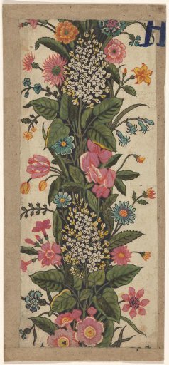 Design for a standing border of leaves, lilacs and other flowers, for a printed fabric (toile de Jouy)