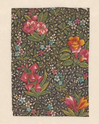 Design for a printed fabric (toile de Jouy), with flower branches on a black ground with small grey and light green leafy twigs