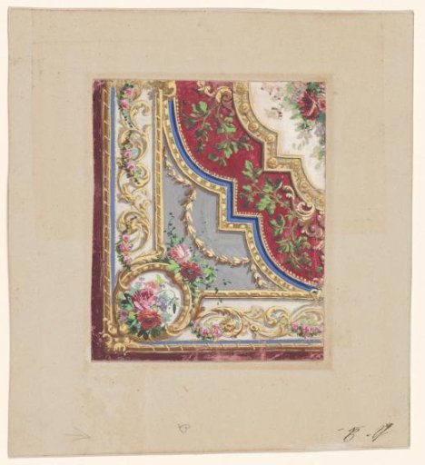 Design for the corner of a carpet with a light central field with roses