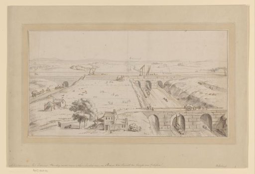 View of a landscape with a bridge and a canal over a river