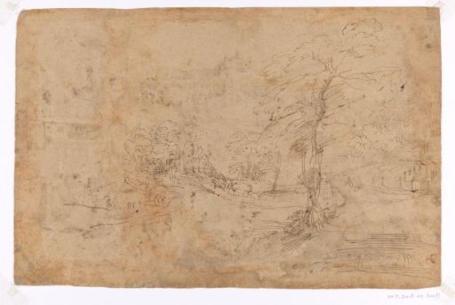 A Hillside Landscape Sketch with Figures and Buildings
