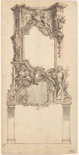 Design for a mantelpiece with a mirror above a space for a painting, with two alternative solutions in the two halves