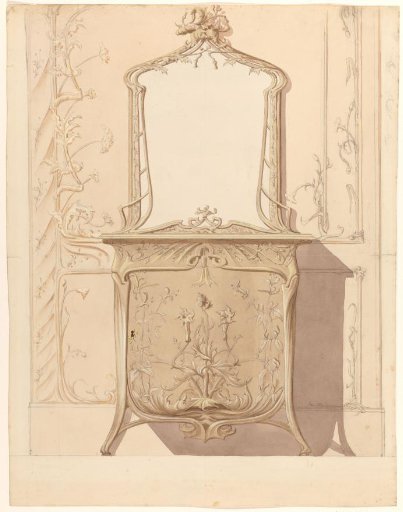 Mountain furniture with mirror back in floral Art Nouveau style, standing against a wall decorated in the same style