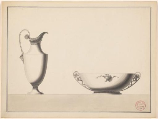 Design for a jug with a ram's head and a bowl with a female head and snake ears
