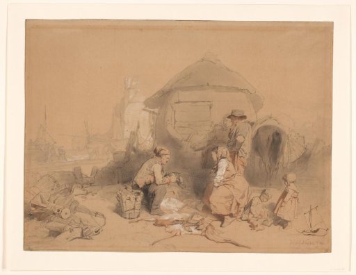 Conversation on the beach by a boat converted into a dwelling
