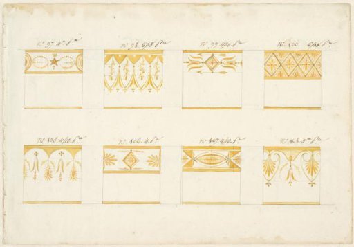 Page from a sales catalogue of a porcelain manufacturer, featuring eight coffee cups of the same shape but with different gold decoration on both front and back