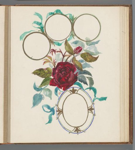 Red rose branch under three circles and above an oval