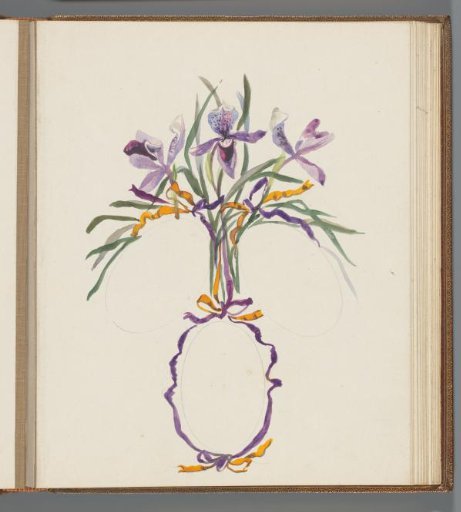 Bouquet with three irises above three ovals