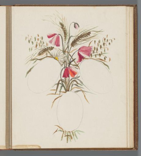 Bouquet with red flowers above three ovals