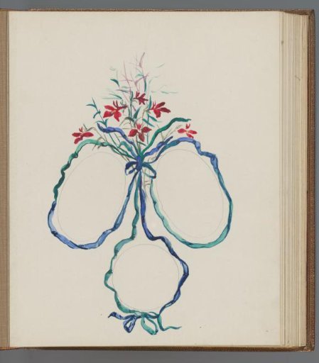 Bouquet of flowers above three cartouches